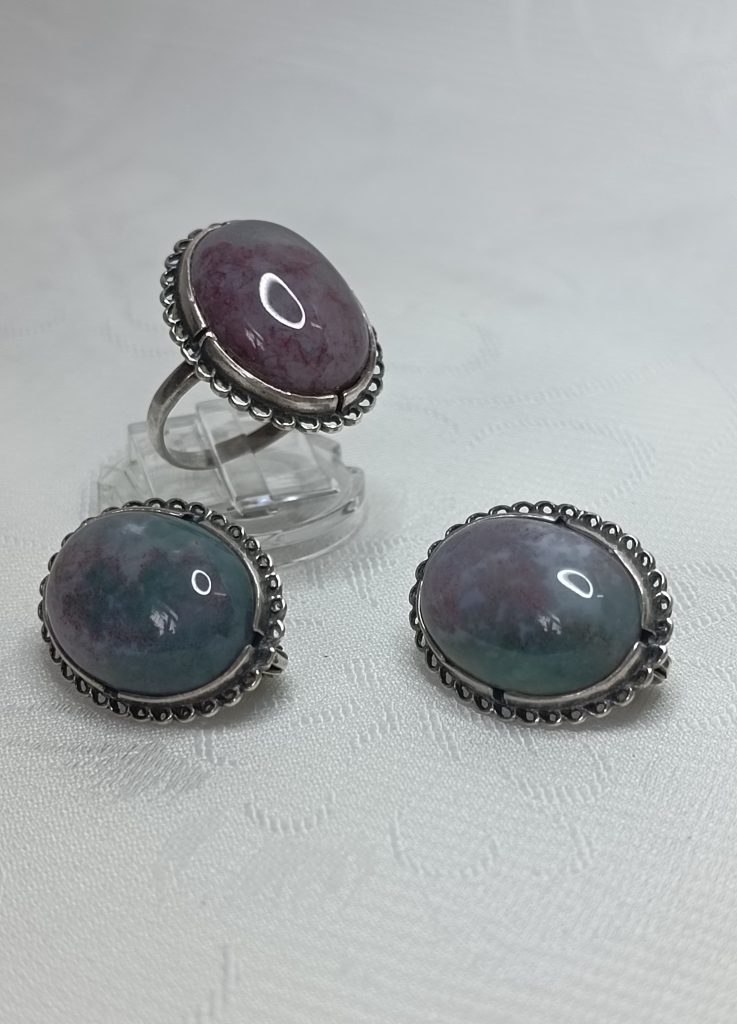 Комплект (кольцо и серьги) из натурального камня, серебрение, СССР, 1970 1990гг