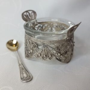 Солонка с ложечкой, ажурная скань, мельхиор, стекло, СССР, 1970 1980гг.